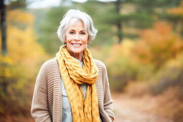 Portrait in the forest of a pleased 70 years old woman. Joyful woman in an  outdoor fall scenery having fun at the autumn season. 