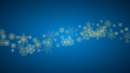 New Year snow on blue background. Gold glitter snowflakes. Christmas and New Year snow falling backdrop. For season sales, special offers, banner, cards, party invite, flyer. Horizontal frosty winter.