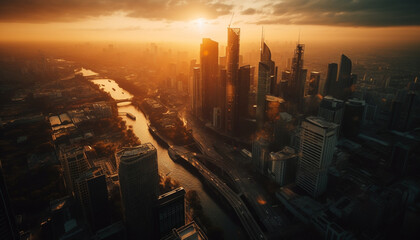 The illuminated urban skyline at dusk reflects on the waterfront generated by AI