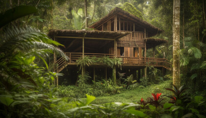 Tropical rainforest hut built with old wood and palm tree generated by AI