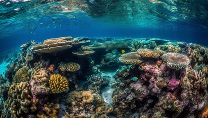 Multi colored fish swim in a tropical underwater reef landscape generated by AI