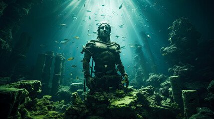 Broken statue under the sea, ruins from a lost civilization. Shallow field of view.