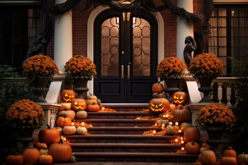 Obraz premium Orange pumpkin and flowers - Halloween decor in front of doorstep