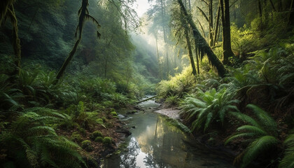 Tranquil scene of a wet, foggy forest with flowing water generated by AI