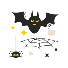 Halloween cartoon elements. Bat and spider.