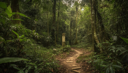 Obraz premium Tranquil tropical rainforest landscape, hiking adventure on footpath generated by AI