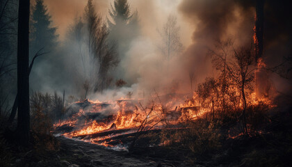 Forest inferno burning trees, smoke, heat, destruction, environmental damage generated by AI
