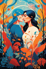 Fototapeta premium color block illustration of two young women/models embracing wlw sapphic lgbtq couple with floral/botanical details in hand drawn digital pencil art style texture