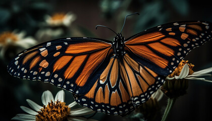The majestic monarch butterfly flies over a vibrant multi colored flower generated by AI