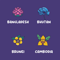 Naklejka premium Asian national flowers for Bangladesh, Bhutan, Brunei, Cambodia