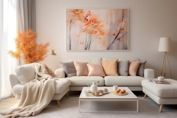 Modern minimalistic interior of the living room, autumn decor, painting on the wall