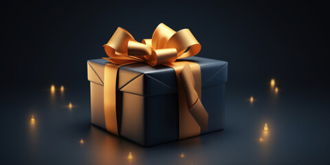 Christmas gift, present wrapped in black paper with golden ribbons on dark background.