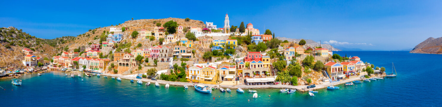 Colorful houses village in Symi island, Dodecanese islands, Greece.