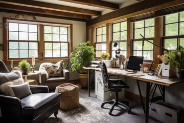 Fototapeta premium Rustic Elegance: A Cozy Office Interior Embracing Farmhouse Style with Vintage Furniture and Natural Elements