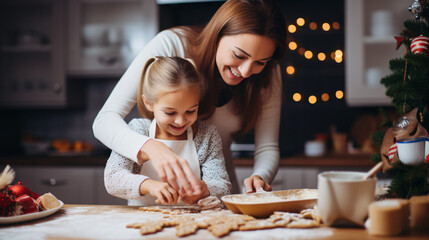 Cute little girl and her beautiful mother are preparing cookies for Christmas. - obrazy, fototapety, plakaty