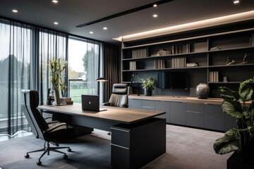 Fototapeta premium Elegance and Serenity: A Captivating Office Interior Immersed in Shades of Gray