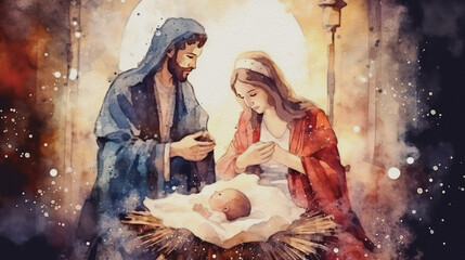 Nativity scene, Christmas watercolor, generative ai