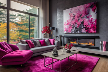 Vibrant and Cozy: A Captivating Interior Photo of a Living Room Immersed in Mesmerizing Magenta Colors