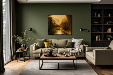 Cozy Serenity: A Captivating Interior Photo of a Living Room Immersed in Olive Colors