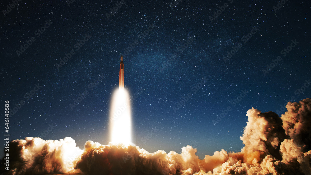 Aufkleber rocket with clouds of smoke and blast successfully takes off into the starry sky. spaceship launchin