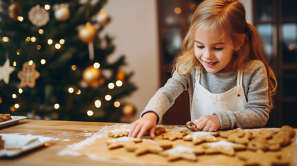 Cute little girl baking gingerbread cookies on Christmas tree background.