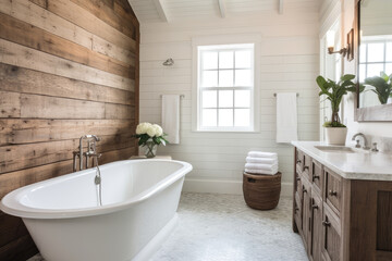 Fototapeta na wymiar Farmhouse Style Bathroom with Shiplap Walls and Barn Door