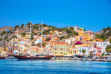 Colorful houses village in Symi island, Dodecanese islands, Greece.