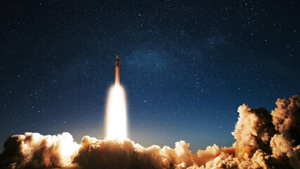 Rocket with clouds of smoke and blast successfully takes off into the starry sky. Spaceship...