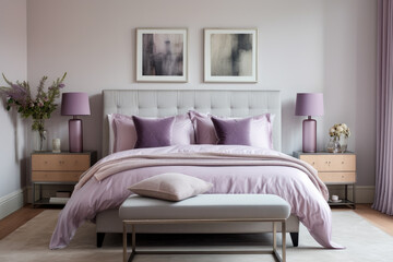 Dreamy Lilac Delight: A Serene Bedroom Interior Immersed in Soothing Lilac Hues, Creating a Tranquil and Relaxing Ambiance
