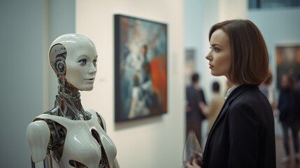 Woman looking at sculptures in art gallery, exhibition of modern art.