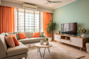 A Serene and Refreshing Living Room Interior in Coral and Mint Green Colors