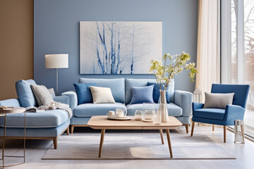 A Serene and Elegant Living Room Interior in Blue and White with Modern Furnishings and Cozy Accents