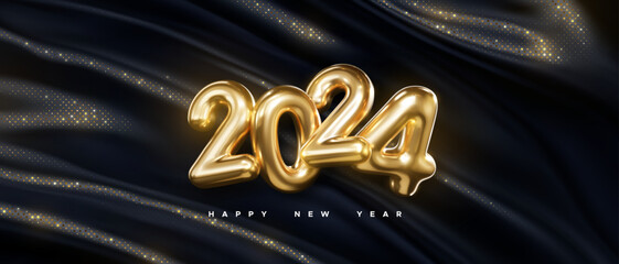 Happy New 2024 Year festive banner. 2024 golden metal sign. Vector holiday illustration. Gold numbers on black glittering fabric background