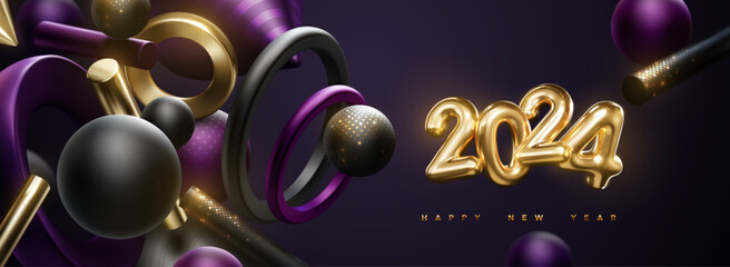 Happy New 2024 Year holiday sign. Vector illustration of golden numbers 2024 and abstract flowing geometric 3d shapes. Festive poster or banner design. NYE party invitation - 646141157