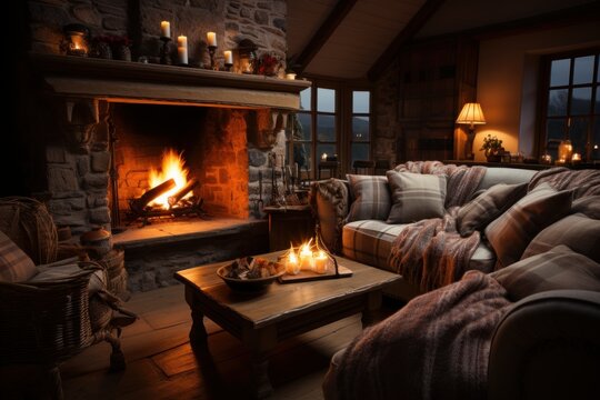cozy cottage with a fireplace and a comfortable sofa with brown blankets