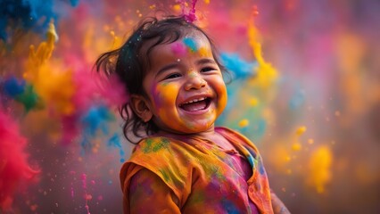 Large portrait of a laughing child with holi paints flying in on a colorful multicolored background, digital art