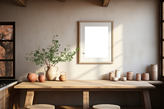 Empty wooden picture frame mockup hanging on pastel wall in a cafe or kitchen with wooden counter top. Working space, home office. Rural interior.