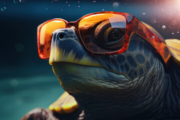 Turtle in sunglasses, summer. AI generative.