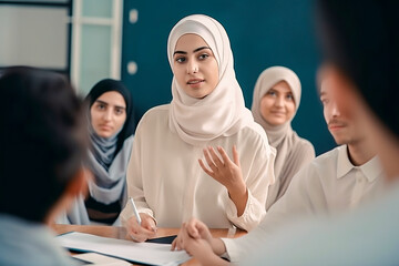 Empowering Arab Girls: A Veiled Professor Nurtures Cultural Diversity and Learning in a Classroom, ai generative
