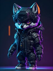 adorable foxwith futuristic mercenary suit with neon style