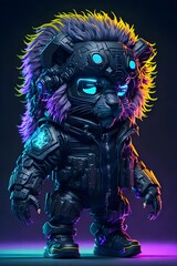adorable lion with futuristic mercenary suit with neon style