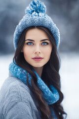 beautiful brunette girl with blue eyes in warm clothes on a winter background