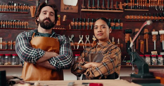 Leather work, portrait of man and woman with arms crossed, tools and manufacturing of unique textile product. Pride, confidence and happy team at small business tannery workshop or factory together.