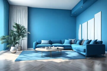 empty living room with blue tones wall