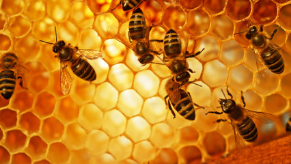 Closeup of honey bees on wax honeycomb with hexagonal cells for apiary and beekeeping concept background - obrazy, fototapety, plakaty