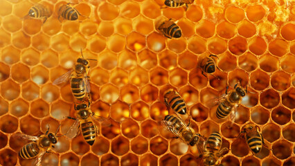 Closeup of honey bees on wax honeycomb with hexagonal cells for apiary and beekeeping concept...