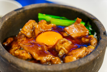 Close up shot of Claypot rice with raw egg