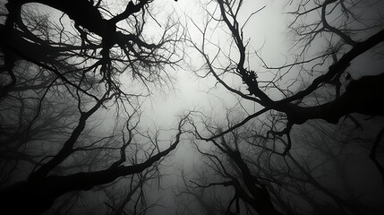 Halloween - Spooky and Scary Trees - Extreme low angle shot - black and white 