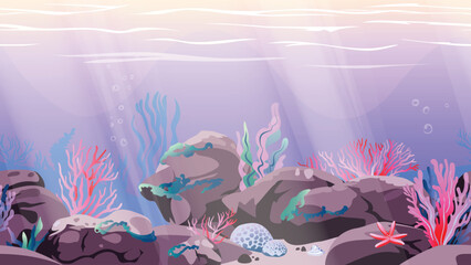 Seamless Underwater background. Ocean floor with stones, corals, algae, and shellfish. Vector