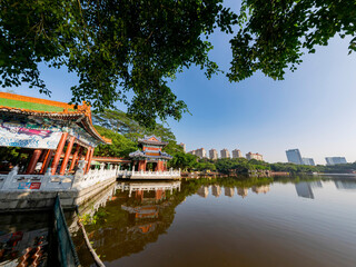 Sunny exterior view of the garden of Yuanming Palace